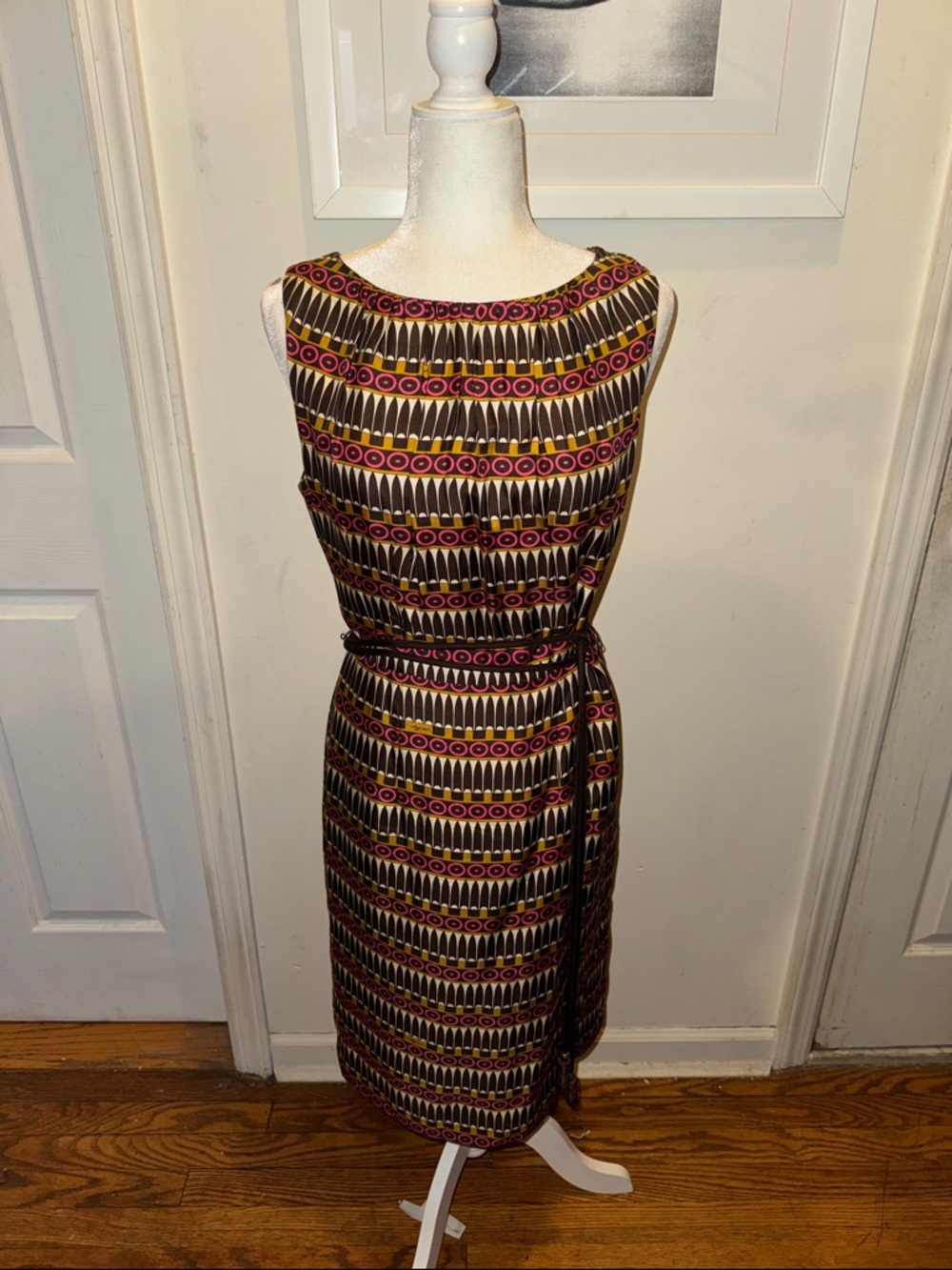 Milly Sleeveless Midi Dress in Black, Pink and Gold Geometric Print 100% silk